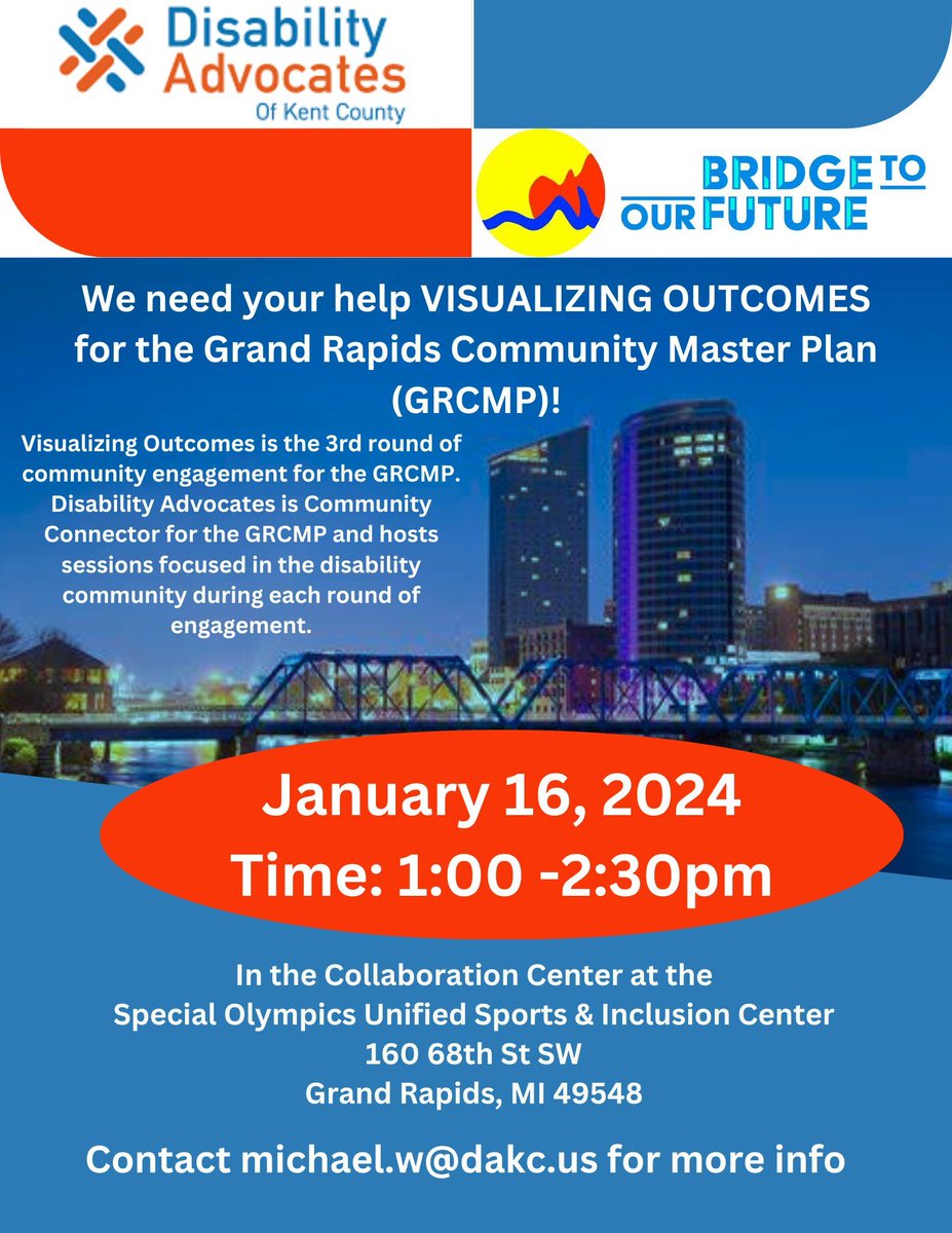 We need your help VISUALIZING OUTCOMES for the Grand Rapids Community Master Plan (GRCMP)! Join us TOMORROW, January 16th, 1:00pm-2:30pm at the Special Olympics Unified Sports & Inclusion Center for discussion. #communitymasterplan