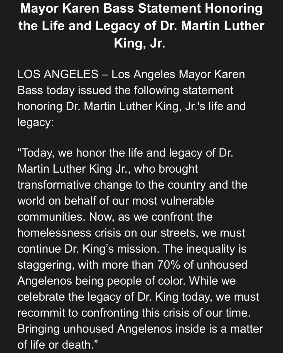 joeyneverjoe's tweet photo. In a statement, Mayor Bass ties LA’s homelessness problem with the legacy of Martin Luther King, Jr. It, unsurprisingly, lacks the context that the city of LA has written an Amicus Brief in the hopes the conservative Supreme Court makes homelessness easier to criminalize. https://t.co/7xDwLXuvYF