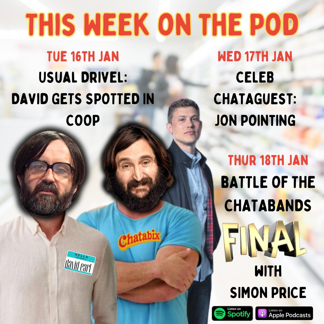 WHAT'S ON THIS WEEK ? 👀👀👀 We've got drivel galore, David trys to take a nap, we talk to the brilliant actor @JonPointing and @simon_price01 is a special guest judge on Battle Of the Chatabands final ! Super stuff 👏 Available to download from tomorrow pod.link/1560965008