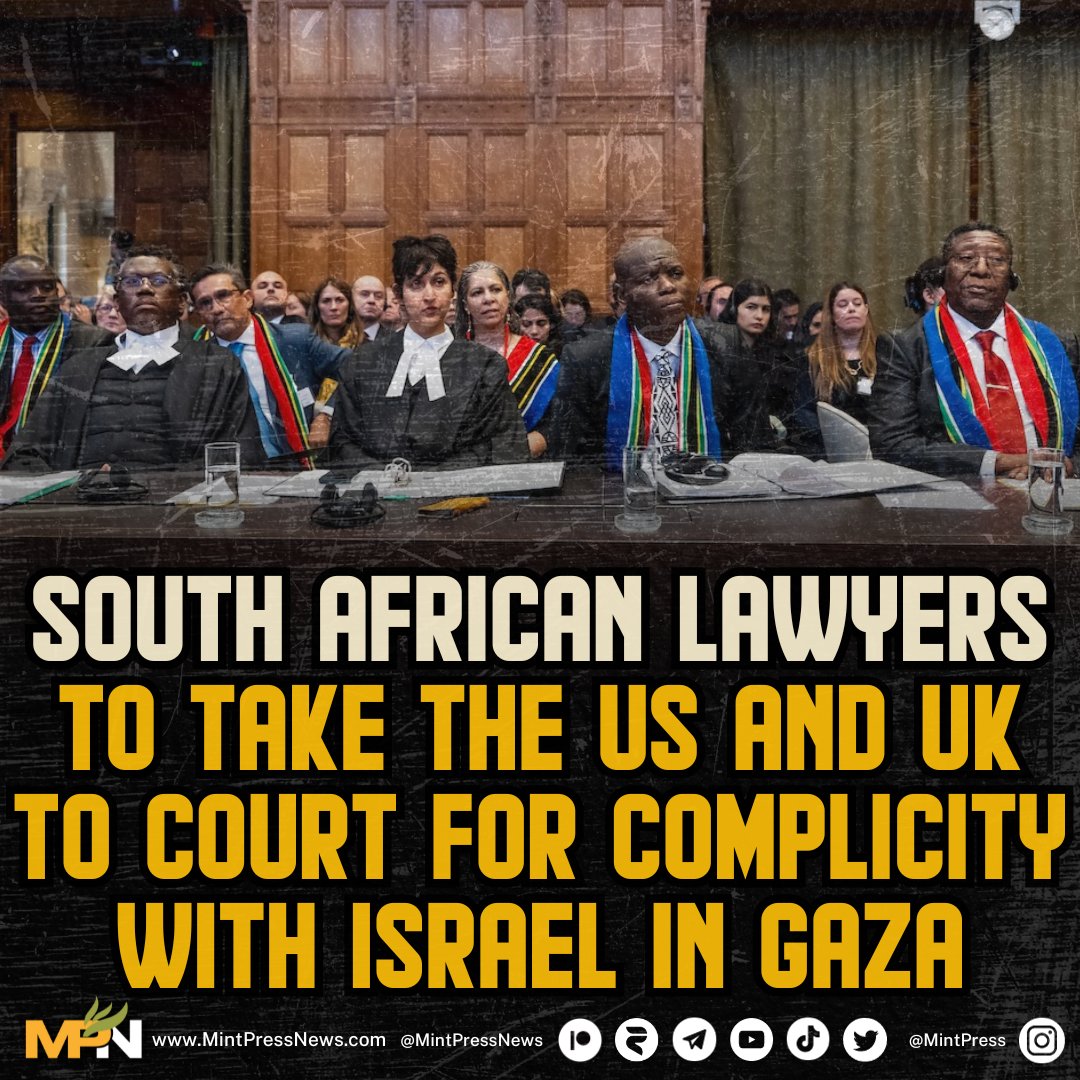 MintPressNews's tweet photo. 50 lawyers prepare a case against the US and UK for complicity in Israel's genocide in Gaza

Led by South African lawyer Wikus Van Rensburg, a group of around 50 legal professionals is preparing a law suit against the US and the UK that focuses on the complicity of the two nations in the war crimes perpetrated by Israel in occupied Palestine.