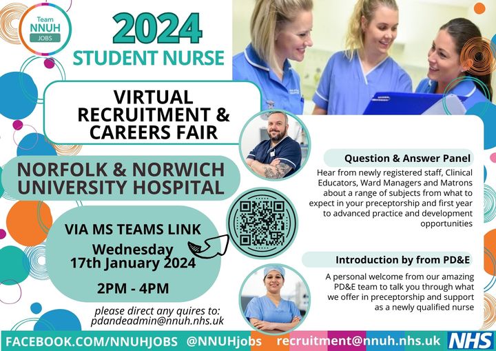 This week is our first Student Nurse Recruitment Event of 2024! If you are interested in being a part of team <a href="/NNUH/">Norfolk and Norwich University Hospitals</a> we are hosting a Virtual Event for students who  live across the country Wednesday 17th 2pm-4pm tinyurl.com/y3ch4by4