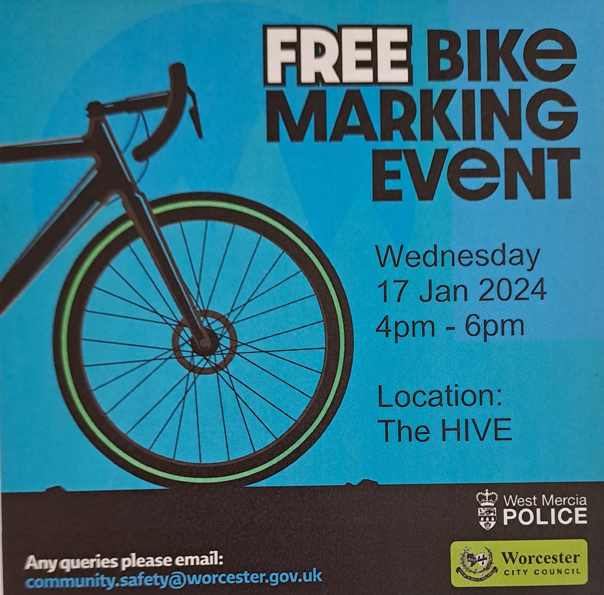 Come along to The Hive, Worcester between 4-6pm Weds 17th Jan to get your bike marked. PCSO's will be there with WCC Community engagement officer. #bikemarking #thehive #policingpromise #SNT