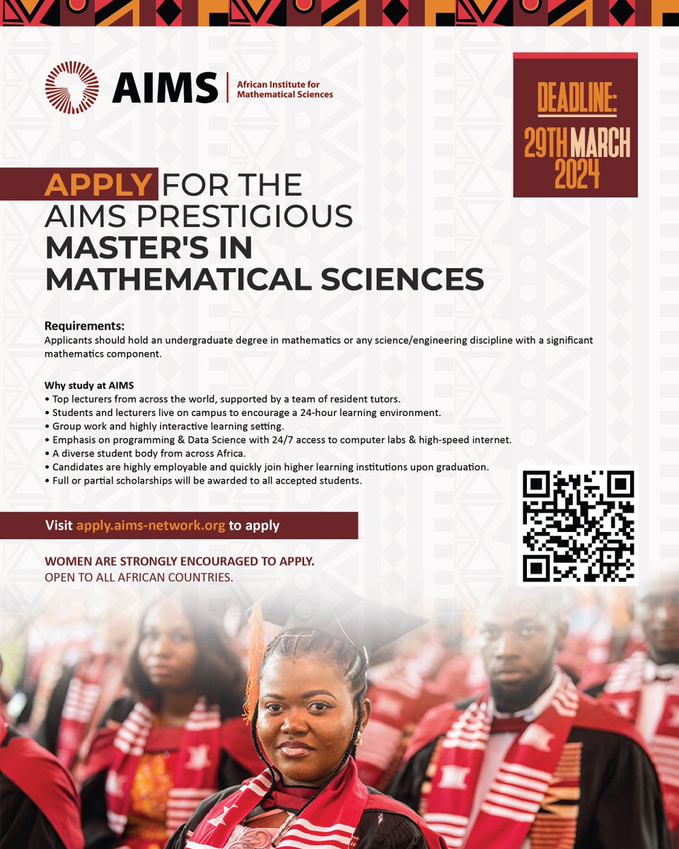 Our call for #applications for the MSc in Mathematical Sciences is open! 

Are you ready to embark on a #Transformative academic journey that will elevate your expertise in #MathematicalSciences? Apply via apply.aims-network.org by 29/03/2024

#AIMS2024 #Opportunity #FullyFunded
