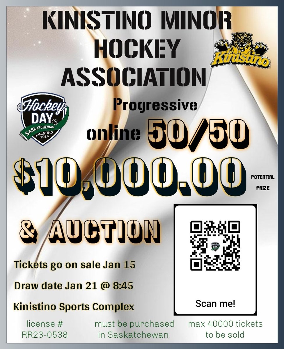 #hockeydayinsaskatchewan Kinistino Minor Hockey progressive 50/50 begins today!