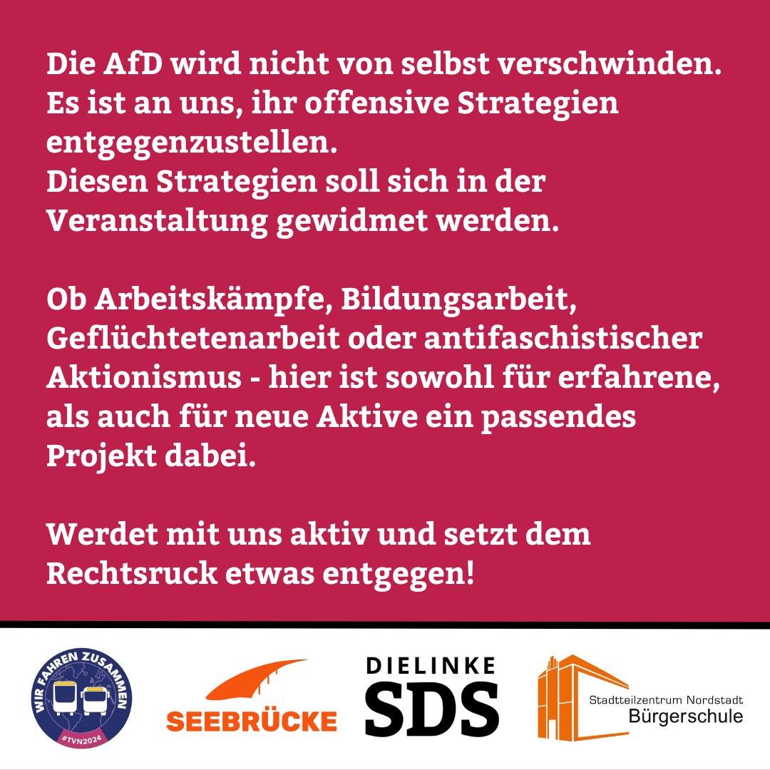 sdshannover's tweet photo. 💥WAS TUN! GEGEN DEN AUFSTIEG DER AFD!💥

🗓️ 19. Januar 2024
🕖 17:00
🏠 Bürgerschule Stadtteilzentrum Nordstadt, #Hannover https://t.co/yENRp9v4R1