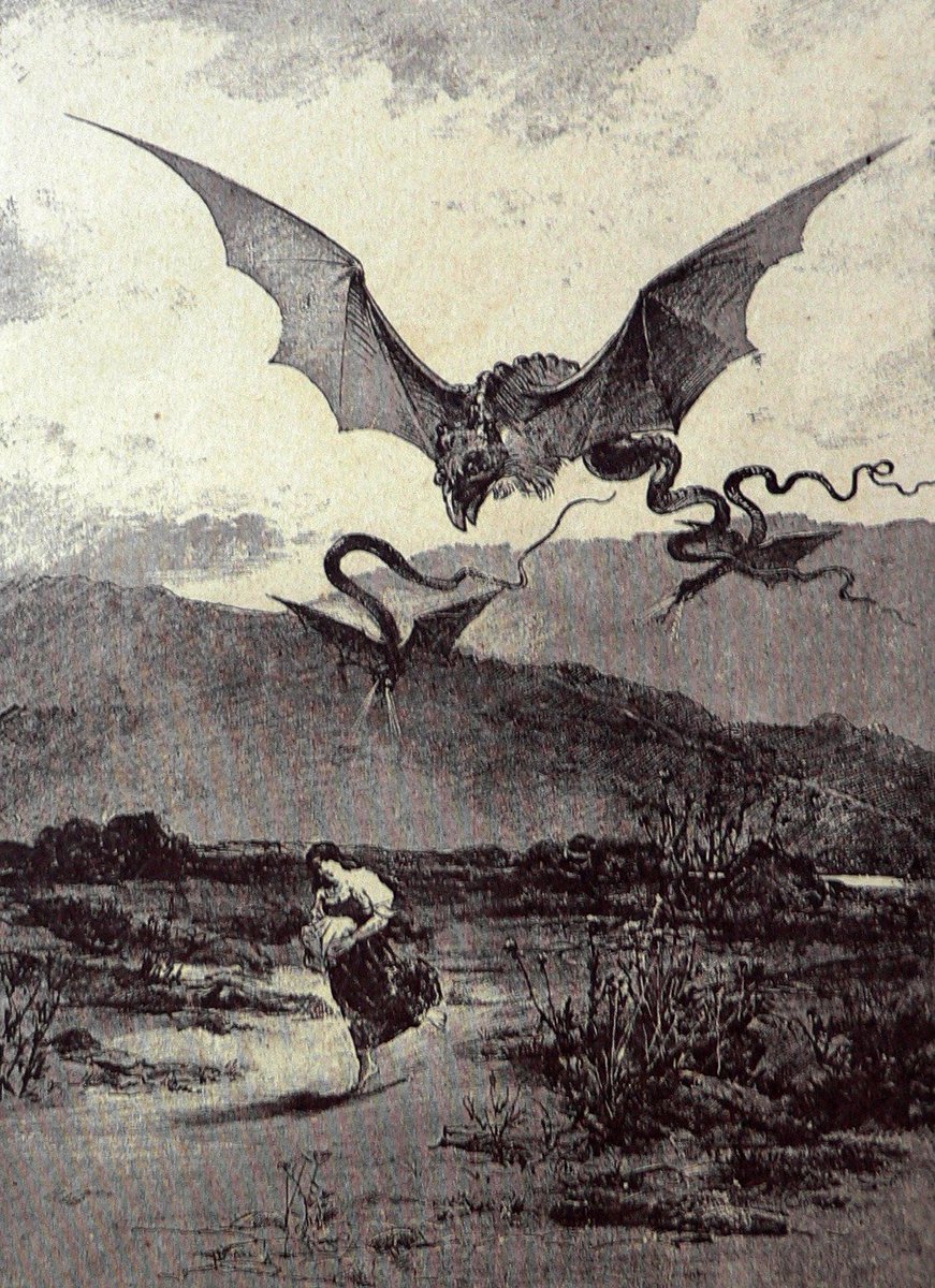 DrSamGeorge1's tweet photo. FAIRY TALE SERPENTS Ferocious bat-winged serpents attack a peasant girl in this painting by Viktor Oliva (1861 – 1928), a Czech illustrator. The image is inspired by 'National Fairy Tales and Legends' by V. B. Trebizskeho (1870) #mythologymonday https://t.co/VI6IaLtlb2