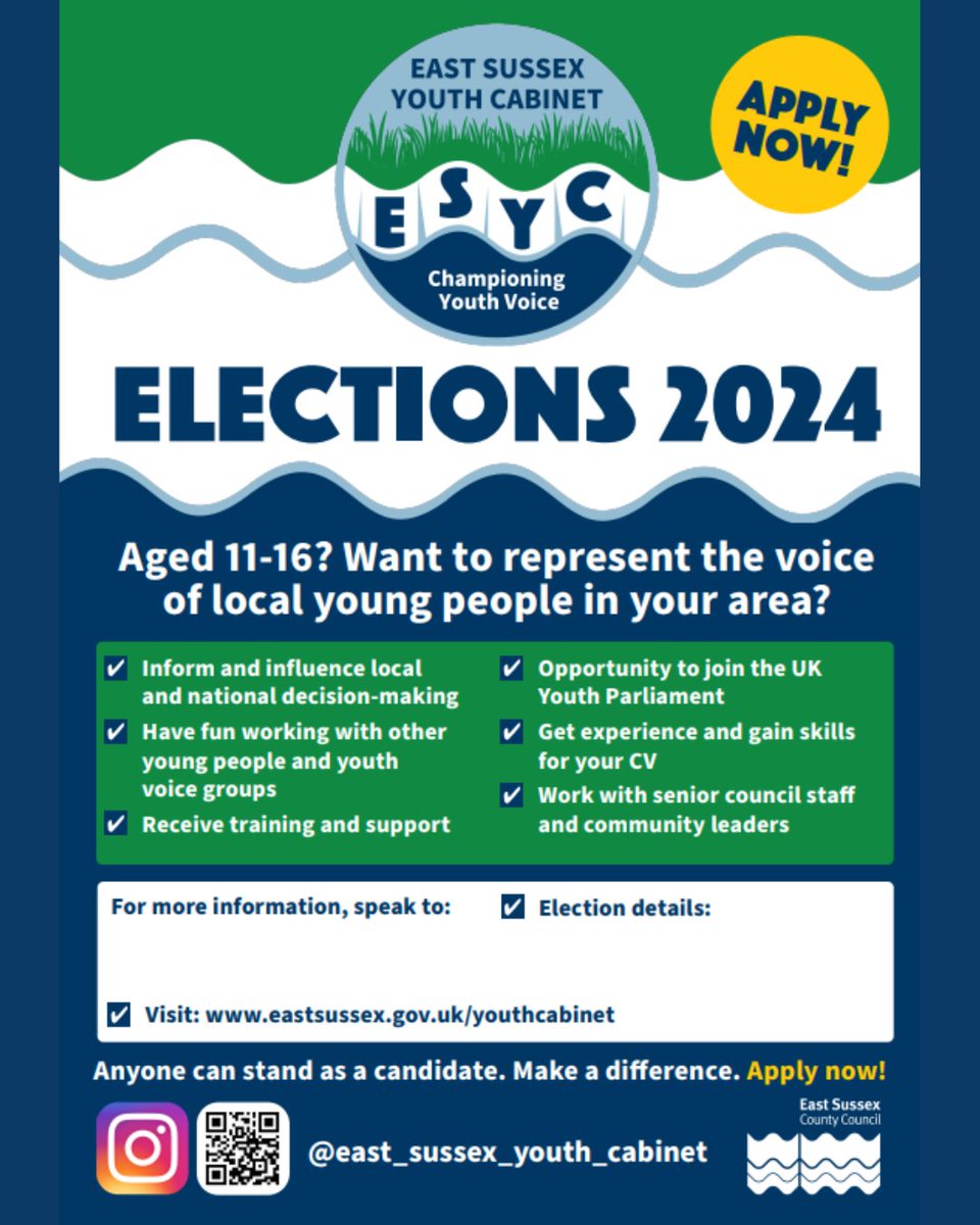 📢Calling all future politicians. Want to represent the voice of young people in our area? Apply to the East Sussex Youth Cabinet Elections 2024. ℹ See link for further information - eastsussex.gov.uk/.../young-peop…