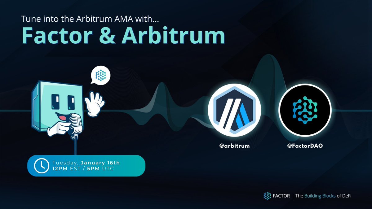 Factor_fi's tweet photo. What products are live?
What's coming next?
Wen rewards?

All will be answered tomorrow in our Arbitrum-hosted AMA, don't miss out!

16th of January, 5pm UTC 🏭

https://t.co/VA0N41v1Tl https://t.co/adqy63mmRV