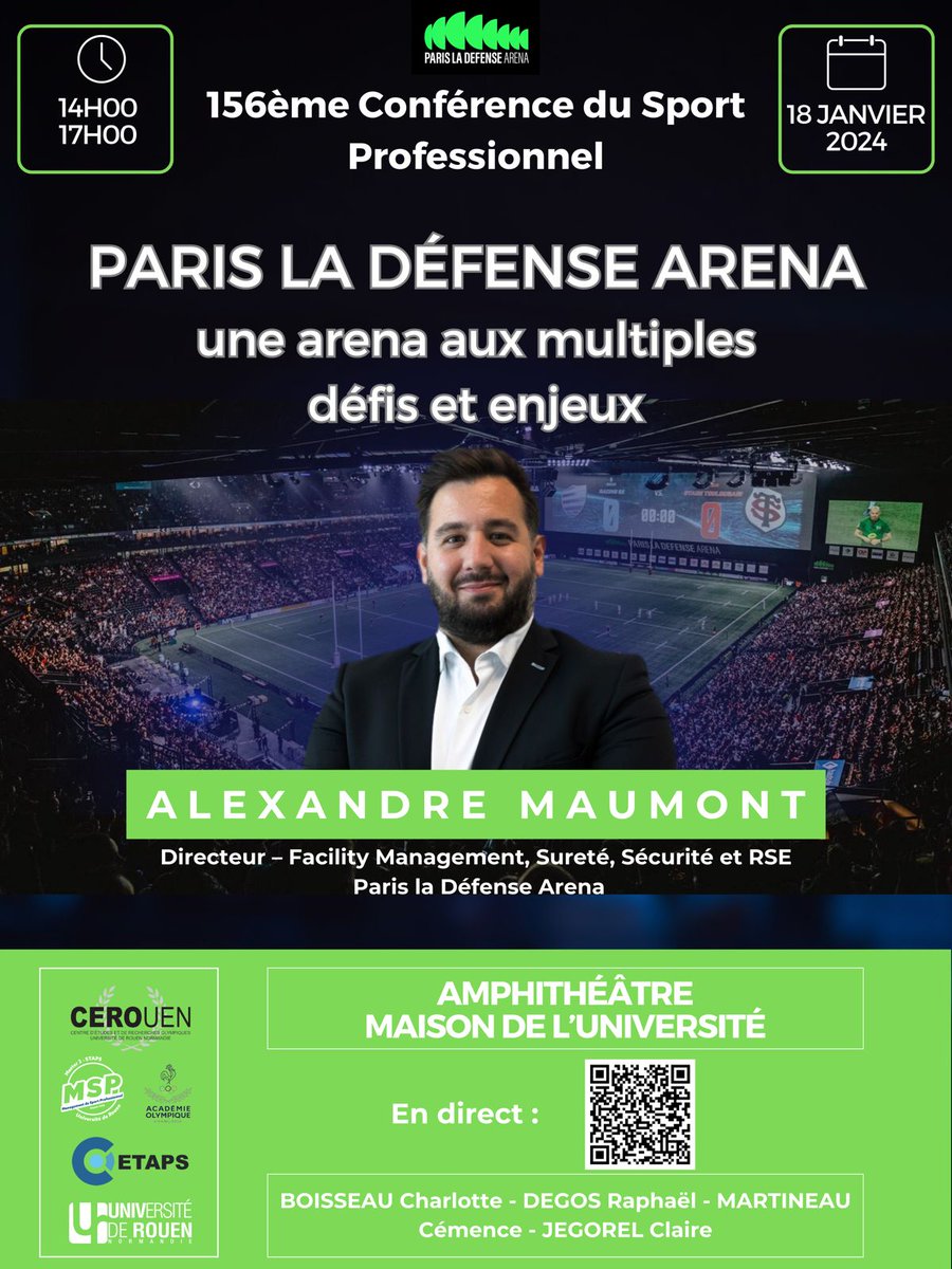 Master2MSP's tweet photo. 🚨156ème conférence du Sport Professionnel !    

📣Ravis d’accueillir Alexandre Maumont, Directeur Sureté, Sécurité et RSE à @ParisLaDefArena

🗓️: jeudi 18 janvier
🕦: 14h00 -17h00 
📍: Maison de l'Université, MSA  
 
#M2MSP #CSP

@mjlsostenes I @NicolasChanavat https://t.co/QD5nLh4qaA