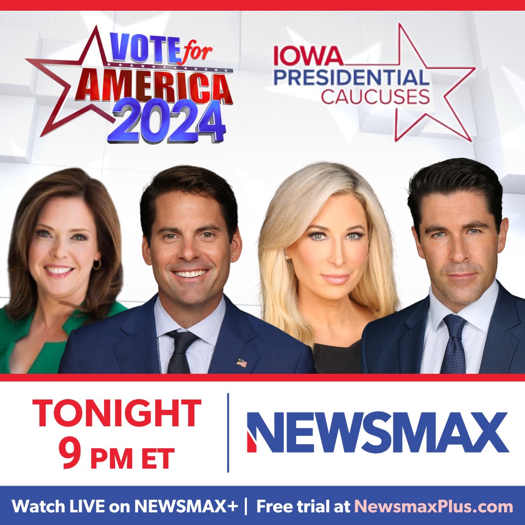 CAUCUS NIGHT: Rob Finnerty, Rob Schmitt, Jenn Pellegrino and Mercedes Schlapp bring you LIVE results and coverage of the Iowa Caucuses TONIGHT at 9 PM ET on NEWSMAX! More: newsmaxtv.com/VoteForAmerica @SchmittNYC @JennPellegrino @RobFinnertyUSA @mercedesschlapp #IowaCaucus