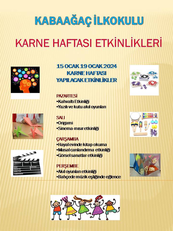Kabaagacilkokul's tweet photo. Milli Eğitim Bakanlığı tarafından önerilen program çerçevesinde okulumuzda yapılacak olan karne haftası etkinlikleri… @isumur @Seydikemer_MEM @emrecay55 @mugla_mem @Yusuf__Tekin @tcmeb https://t.co/3RTn0QTQ9i