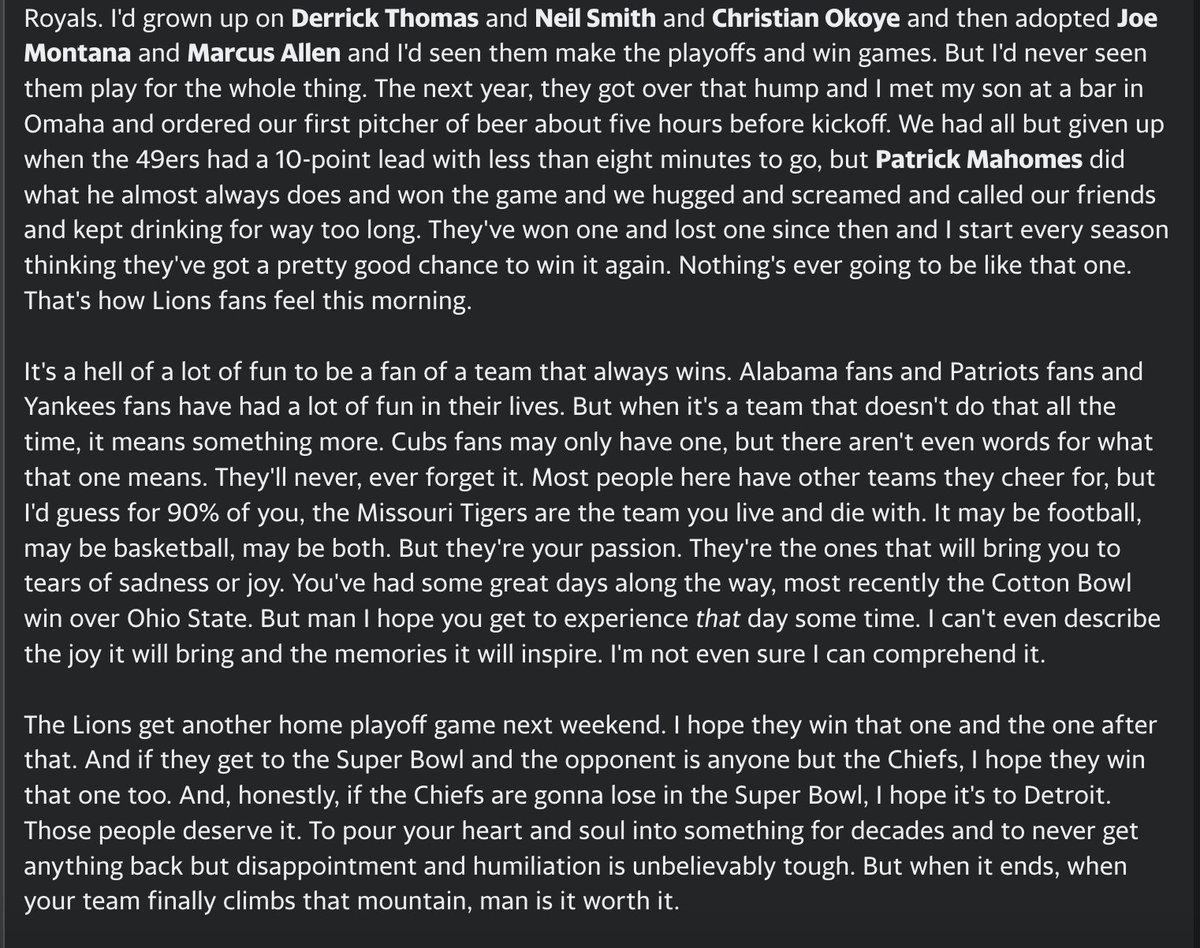 On the Lions and their fans and what it's like when a team you cheer for that never wins finally wins. 

One of these days #Mizzou fans...
