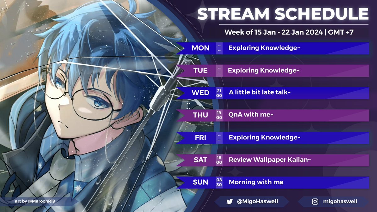 MigoHaswell's tweet photo. [ Schedule ]
It's schedule time! Jadi ini adalah jadwal streaming migo untuk satu minggu kedepan ya~✨
Ayo dicatat tanggalnya ya biar ga ketinggalan.🔥 
Keep in mind schedule ini dapat berubah sewaktu-waktu ya, see you on the stream~ 💙

Tags :
#MiGoSocial #MiGoTwitterX #VtuberID https://t.co/YvQVkzhkCM