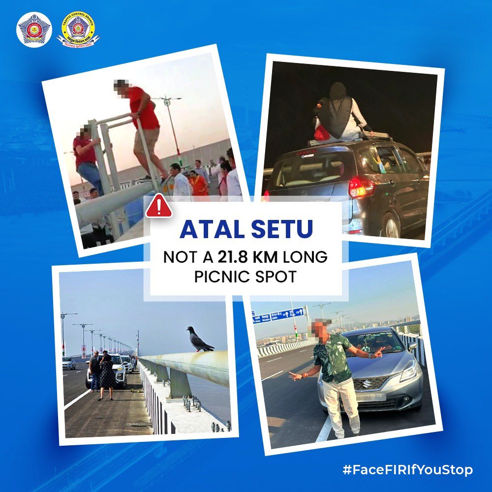 MTPHereToHelp's tweet photo. We agree that Atal Setu is definitely 'worth a watch' but it's also illegal to stop on it &amp; click photos. You will face a FIR if you stop on MTHL. 

#MumbaiTransHarbourLink #MTHL #AtalSetu
#FaceFIRIfYouStop https://t.co/582CLgA72W