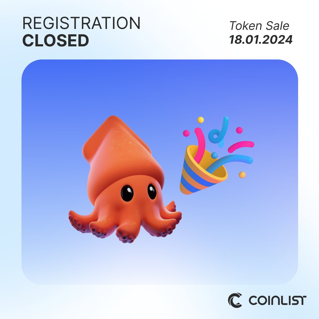 Registration for the SQD token sale on <a href="/CoinList/">CoinList</a> has concluded.

• Sale date → Thursday, 18 January (18:00 UTC)

Please stay posted for important participation details and safety information. coinlist.co/subsquid