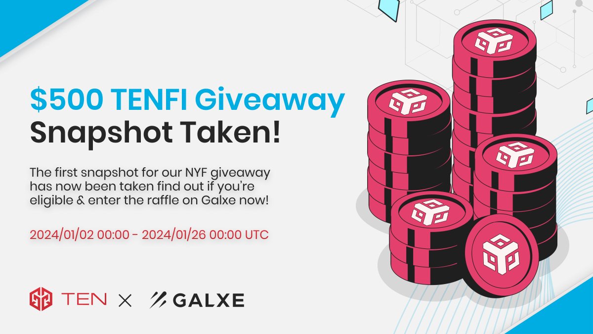 📣Attention #TENizens, we've taken the first snapshot in our $500 NYF #Giveaway powered by @Galxe. You still have time to enter before Jan 24! How? 1️⃣Stake $TENFI in any vault on app.ten.finance 2️⃣Mint your #OAT, & enter the raffle: galxe.com/tenfinance/cam… GL! 🫡