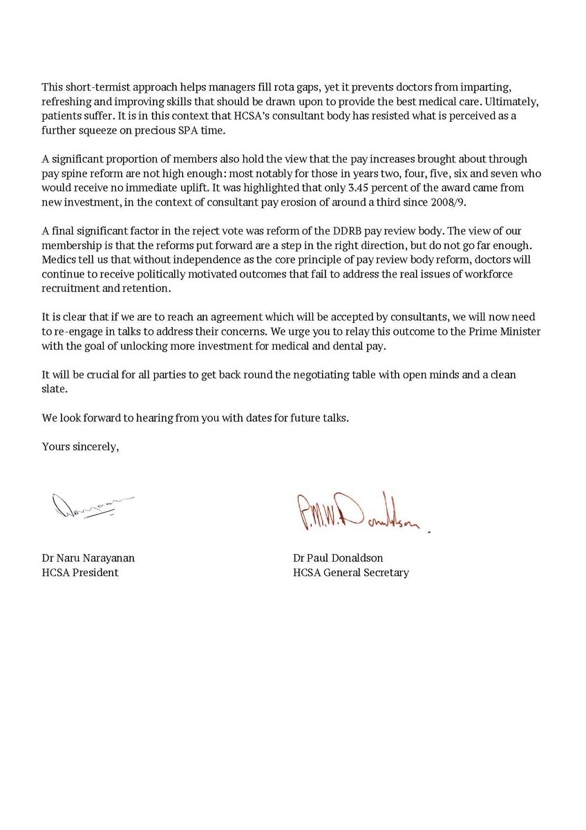 HCSA – the hospital doctors' union (@hcsanews) on Twitter photo 📢HCSA members have REJECTED the government's consultant contract reform offer.
It's time to get back round the table on NHS consultant pay. We need a package that invests in consultants and protects already depleted SPA time.
Our letter to Health Secretary <a href="/VictoriaAtkins/">Victoria Atkins</a> 👇 📢HCSA members have REJECTED the government's consultant contract reform offer.
It's time to get back round the table on NHS consultant pay. We need a package that invests in consultants and protects already depleted SPA time.
Our letter to Health Secretary <a href="/VictoriaAtkins/">Victoria Atkins</a> 👇