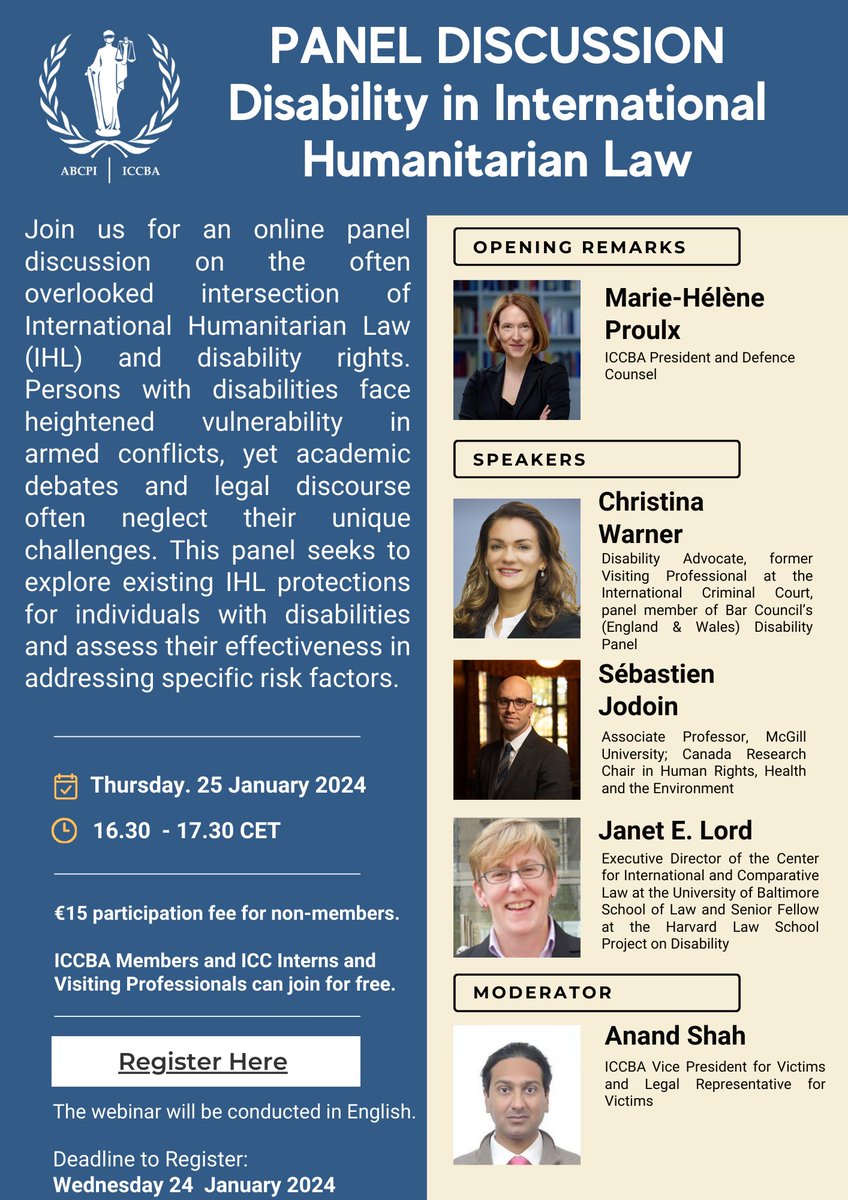 ICCBA_ABCPI's tweet photo. 🗓️ Join us on 25 January for an online panel discussion on "Disability in International Humanitarian Law" with an excellent lineup of speakers. Registration is now open at: https://t.co/m1xibTTAzc #IHL https://t.co/BNKJQfGfDv