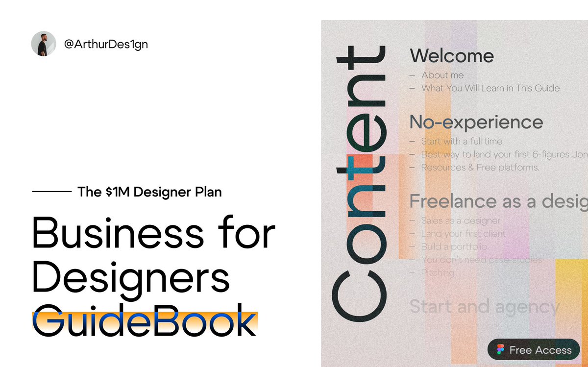 I made the ultimate GuideBook to start a business as a Designers. From a $10k salary to a 6-7 figures creative agency in 2-3 years — I spill all the secrets here! 🔥 Dropping in 24H, grab it for free! To snag your copy: 1️⃣ Like ❤️ 2️⃣ Comment 'SEND' ✉️ 3️⃣ Retweet 🔁 (Must…