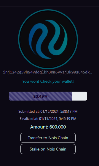 Thormite's tweet image. i won on injective but can't transfer to nois. How to bridge to nois and stake?