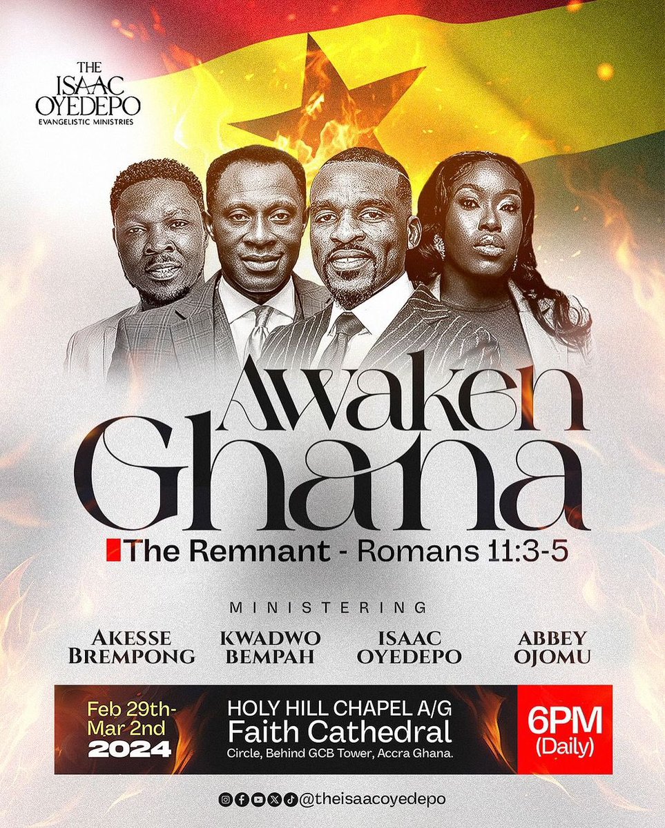 A generation, in the nation of Ghana, is rising. 

Accra, Ghana, it is your time to be Awakened. 

The next AWAKEN will be held in Accra, Ghana for three days.

Come ready for an encounter with The Holy Ghost and Fire. 

#Awaken
#AwakenGhana
#TheRemnant 
#TIOEM