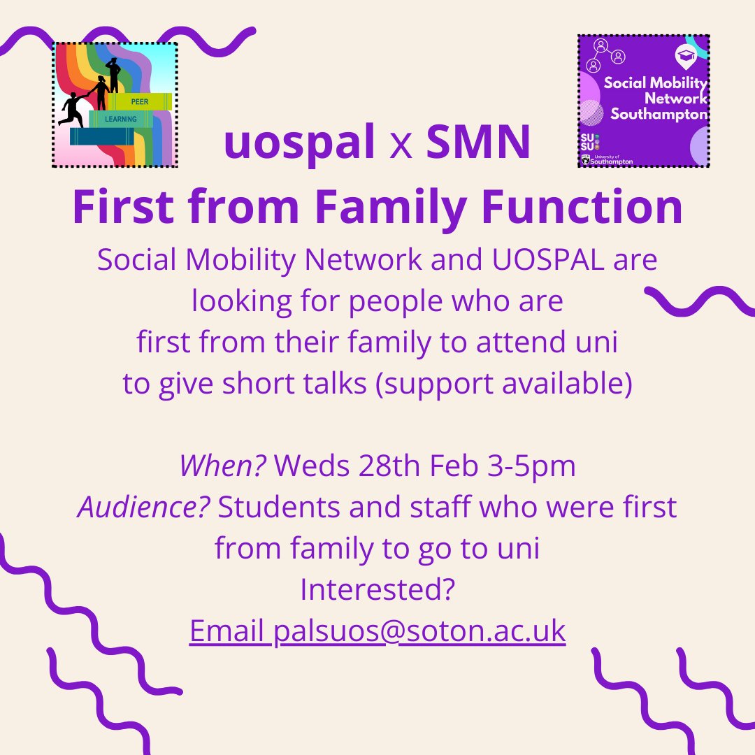 Soton_SMN's tweet photo. First in your family to attend university? Share your story with us at the First from Family Function on Wednesday 28th February!

If you are interested in giving a short talk at the event, please reach out by emailing palsuos@soton.ac.uk https://t.co/8hzp37rGR6