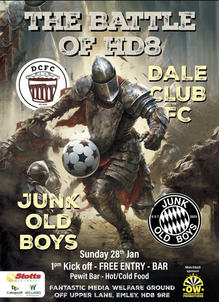County Cup 1/4 Final this weekend for us. Here's our next league game. Get yourselves up to Emley and get behind local grassroots football! 

🏟️ Fantastic Media Welfare - Emley
📆 28/1/24
🕐 1pm kick off 
🎟️ FREE ENTRY 
🍻🍔 Bar &amp; Food 

#UTDC
#NowtDaft

<a href="/Emley_AFC/">Emley AFC</a>
<a href="/junkoldboys/">Junk Old Boys FC</a>
