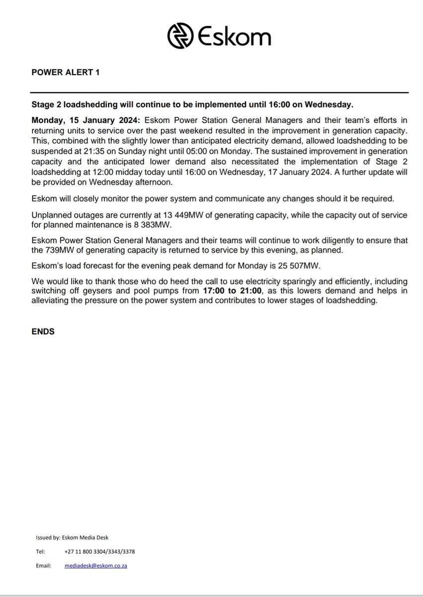 #POWERALERT1

 Stage 2 loadshedding will continue to be implemented until 16:00 on Wednesday