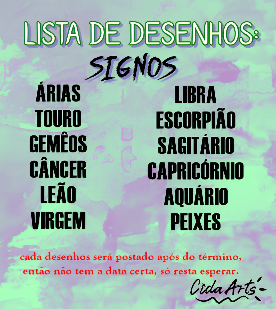 Veja só a lista de desenhos 2024 com novos estilos, com o tema Signos com a versão humano "sinistro" , que será postado de qualquer dia, horários etc, apenas espera.
♈♉♊♋♌♍♎♏♐♑♒♓
Qual é seu signo? O meu é de sagitário 🏹
 🔄 + ❤️ = 👩🏽‍🎨