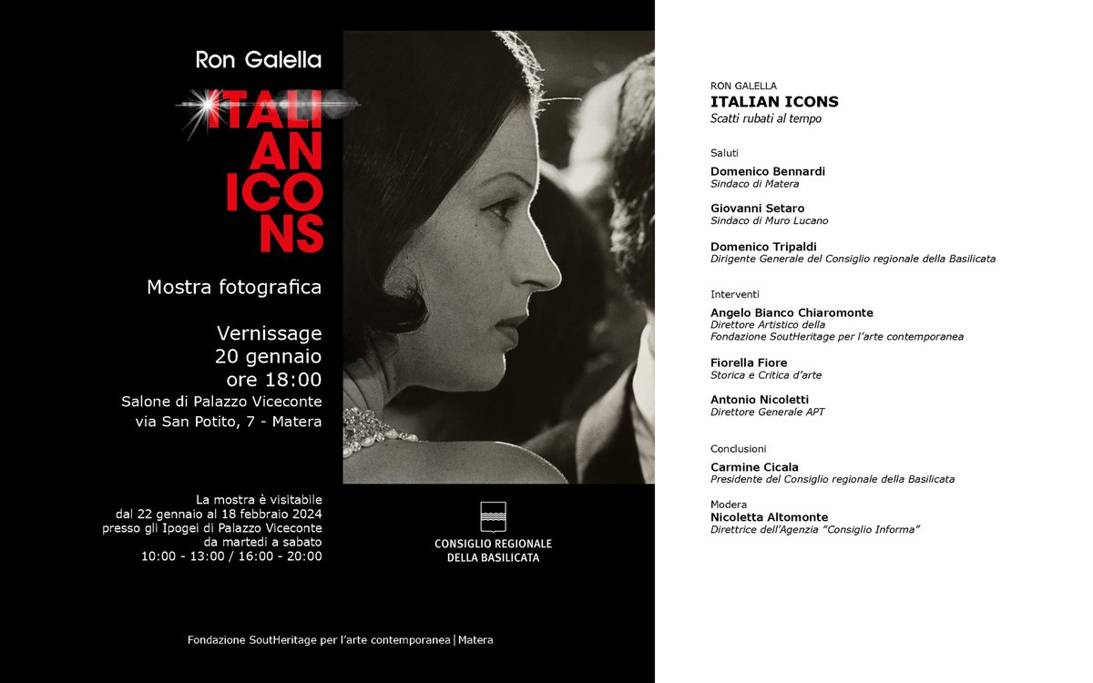 Ci siamo! "Ron Galella. Italian Icons", vernissage 20 gennaio h 18.00, Salone di Palazzo Viceconte, Matera. Seguirà poi la visita alla mostra allestita negli splendidi ipogei. Tutti i dettagli qui 👇

consiglio.basilicata.it/consiglioinfor…

#rongalella