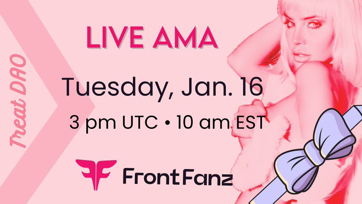 treatdao's tweet photo. Join us on Telegram for our next live AMA with @FrontFanz tomorrow, Tuesday Jan 16! 🎉. We’ll be Showcasing their features in the latest Winter magazine, talking about their amazing creator referral program &amp; much more!! 💖

👉🏻 https://t.co/3wwtDJMqkX 👈🏻 https://t.co/MtTX0FQ4fc