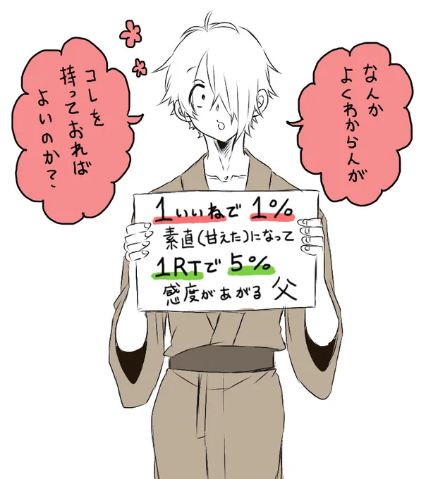 1いいね❤️で1%素直(甘えた)になって
1RT♻️で5%感度のあがる父さん

さーてどうなるかな 