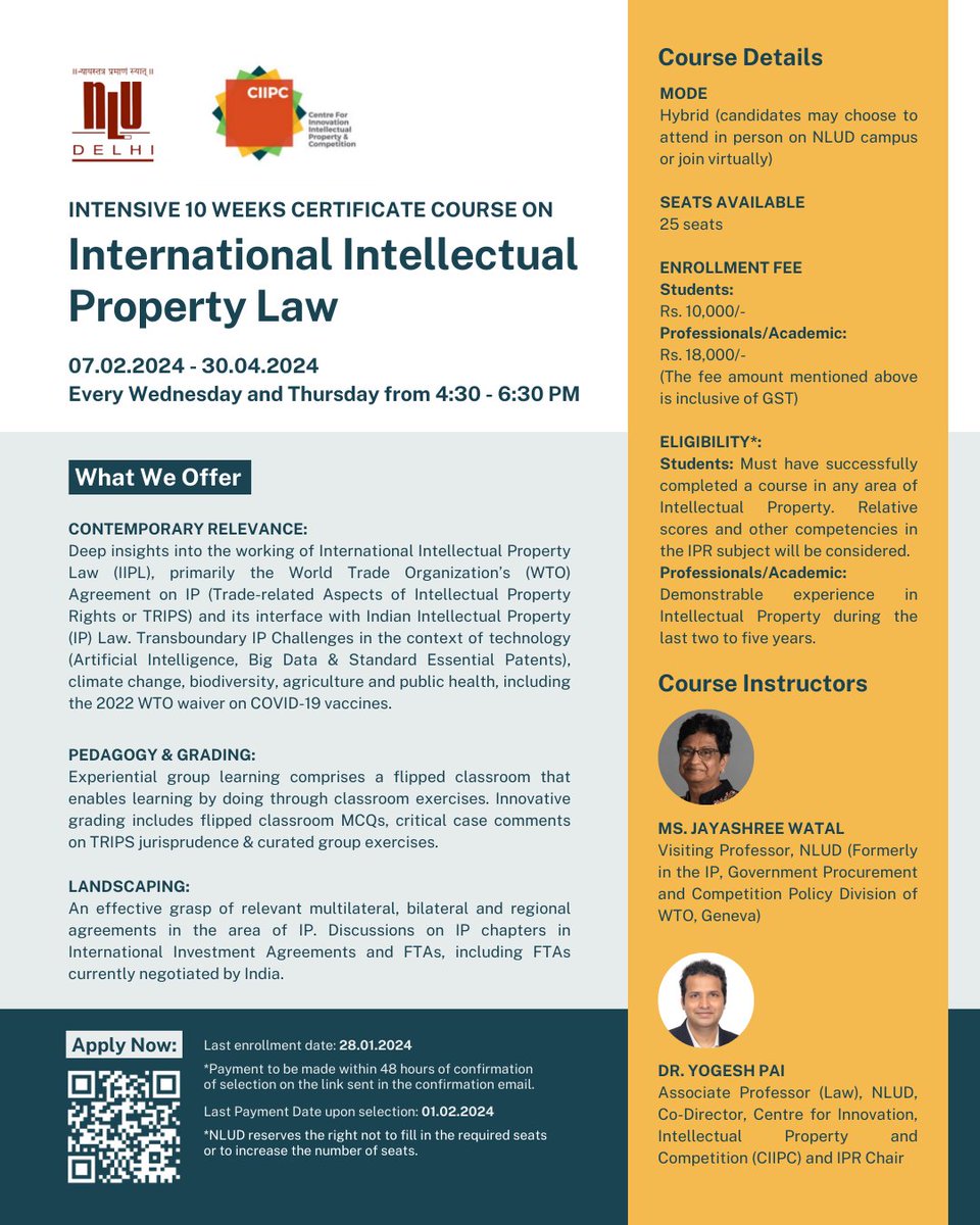 IPR_CHAIR's tweet photo. NLU Delhi along with @CIIPC_nlu is offering an intensive 10-week certificate course on International Intellectual Property Law

Course begins on: 07.02.2024

Register Now: https://t.co/XV7KvjhNIk

Last Enrollment Date: 28.01.2024

For any queries contact us - ciipc@nludelhi.ac.in https://t.co/bJxNKnl6Qt
