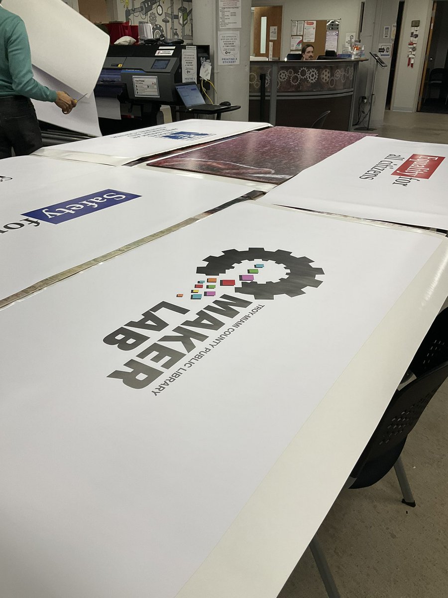 TroyMiamiCtyPL's tweet photo. Maker Lab and other #TMCPL staff really enjoyed helping bring a vision to life for the #MLKJr Commemoration Celebration taking place today. Large stickers were printed  on our vinyl printers and panels created to make the final 12x12 image! https://t.co/75Is1R6ooh