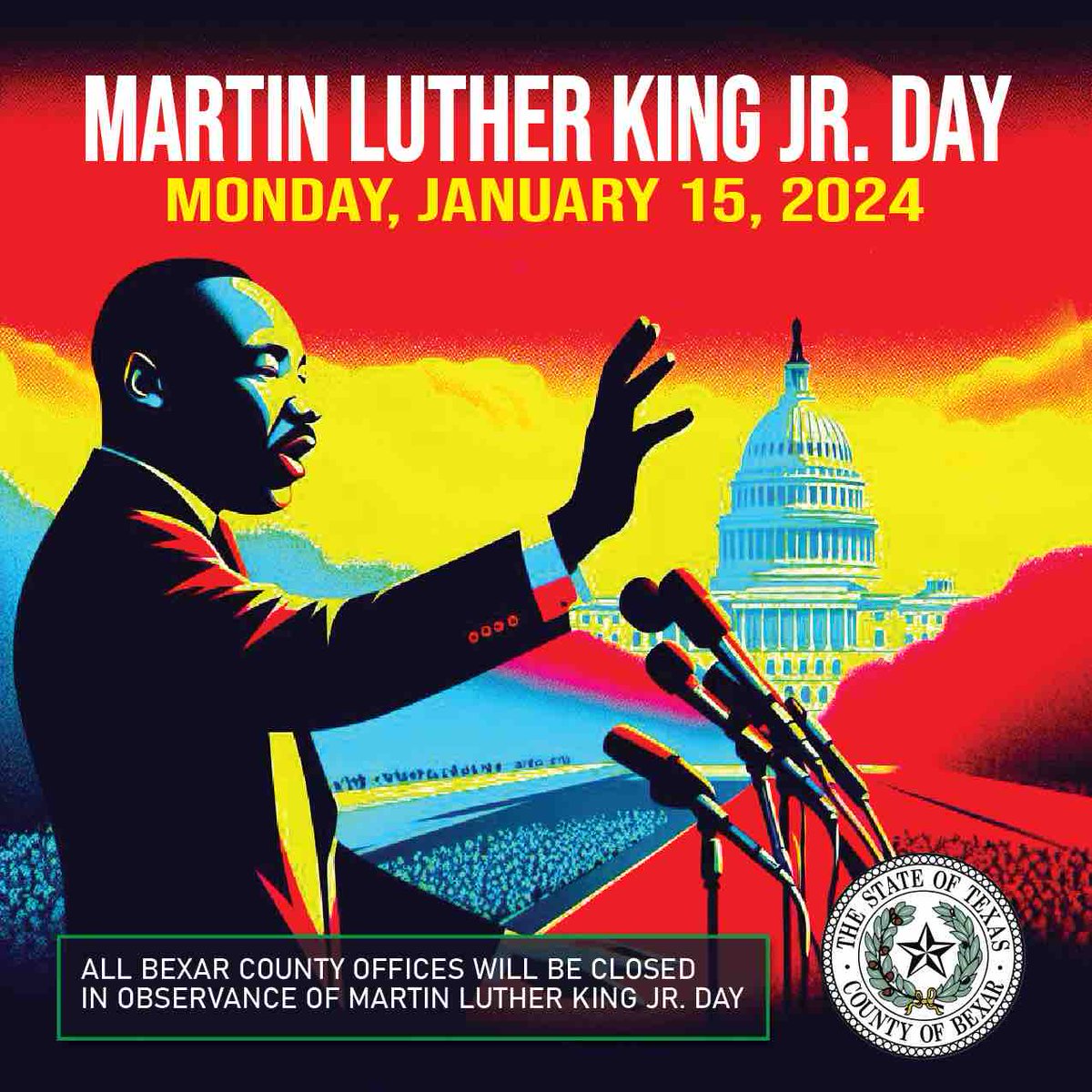 All Bexar County offices will be closed in observance of Martin Luther King Jr. Day.