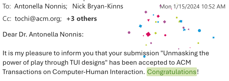 Yay! After 2 submissions and 2 revisions, our <a href="/acmtochi/">ACM TOCHI</a> paper has been accepted! Grateful to the children, parents and staff <a href="/TheGardenN16/">The Garden School</a>. I learned a lot. Thanks so much to the reviewers (esp. R1 &amp; R2) and the editor, whose comments were invaluable. I will share this soon!