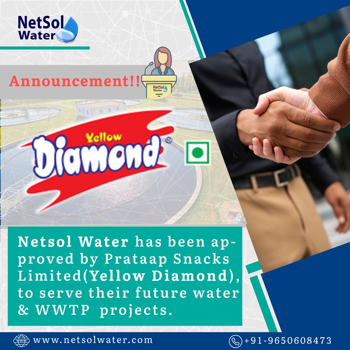 NetsolWater's tweet photo. ✨Announcement 📢
Netsol Water has been approved by Prataap Snacks Limited 🏛️ to serve their future water & wastewater treatment projects.💥
This is a new badge added to Netsol's feather.
#netsolwater #prataapsnacks #yellowdiamond #approvedmake #Lucknow #watertreatment https://t.co/HAoXLF03FZ