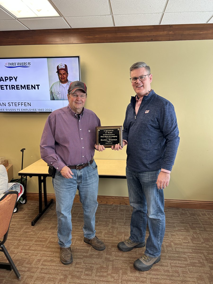 Help us in congratulating recent retiree, Dan Steffen after being a part of the Three Rivers FS team for 41 years!!👏

On behalf of the company, we want to thank Dan for his dedicated service, a congratulations on a successful 41 years and well wishes on a healthy retirement!