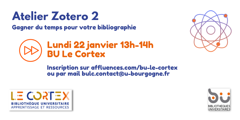 bibliothequesub's tweet photo. #FormationsBUuB
Vous souhaitez apprendre à automatiser vos bibliographies ?
Inscrivez-vous au prochain atelier #zotero de la #BULeCortex ✍
📅 lundi 22 décembre à 13h en salle Phosphore
Inscription via @Affluences_App 👉 https://t.co/o9lMwZLJm6 https://t.co/vH7OgWE6WC
