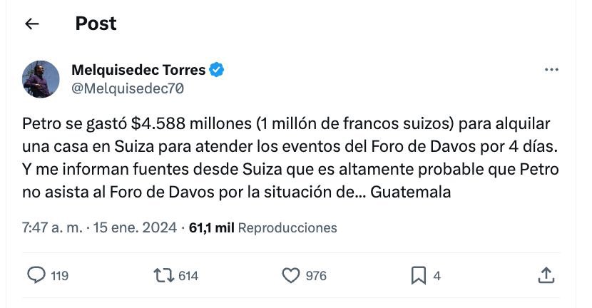 MariaFdaCabal's tweet image. ¿Cómo es esto? Petro se lo pasa hablando mal del capitalismo y del Foro Mundial Económico en Suiza, pero se gasta $4.588 millones de pesos alquilando una casa en Suiza por 4 días.