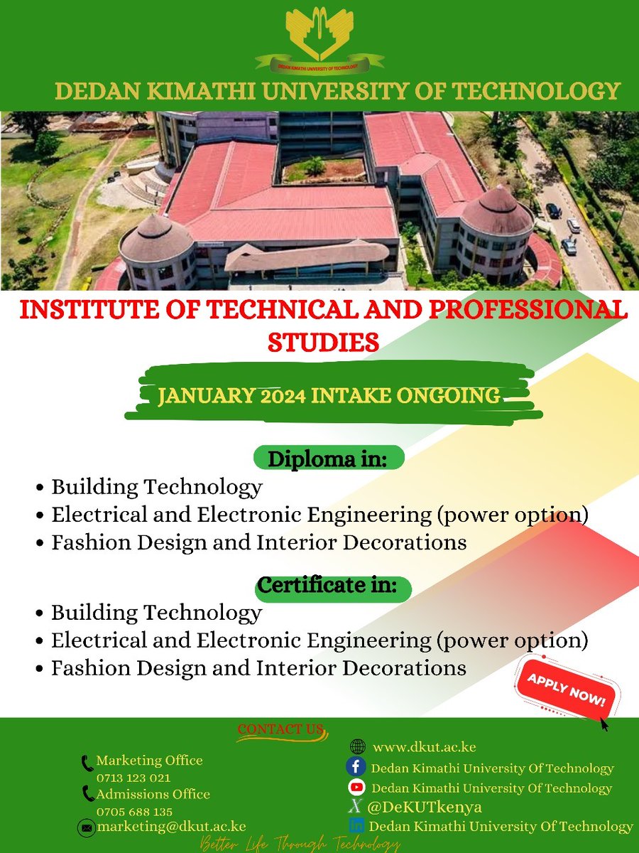 DeKUTkenya's tweet photo. Apply now for our January 2024 Diploma and Certificate programs under the Institute of Technical and Professional Studies.
#TechnicalStudies #ProfessionalStudies #DiplomaPrograms #CertificatePrograms https://t.co/pTmeReiogX