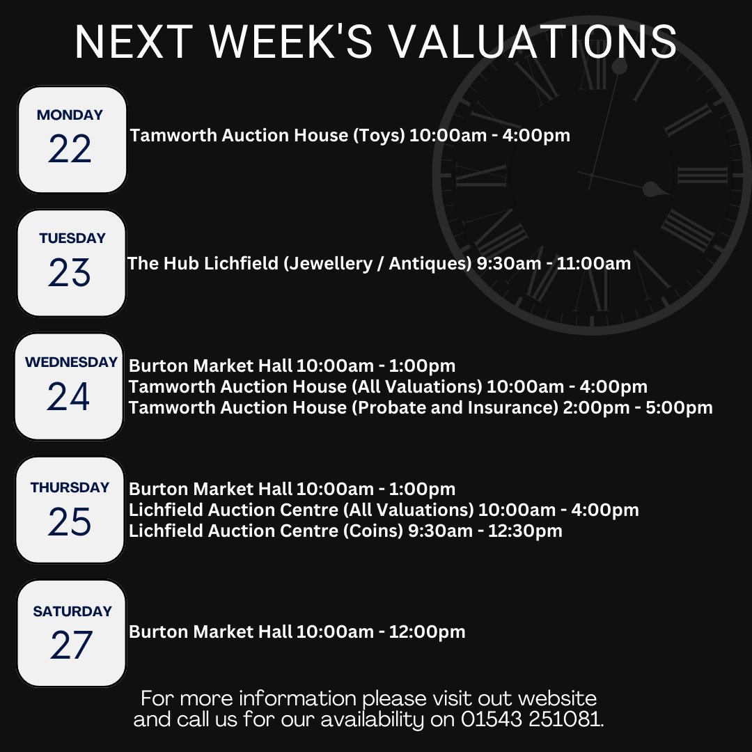 Auctionwint's tweet photo. Valuation Dates for next week with location, dates and times on where to find usπ
If you have any questions please contact us, we look forward to seeing you there.
For more information please check out our website-
https://t.co/ZhcIVBqZHJ
#valuationdates https://t.co/beEP4sd8N5