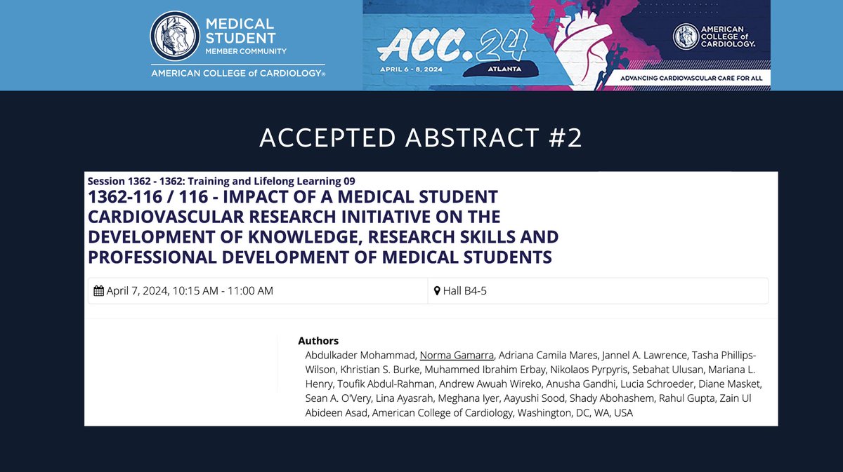 AdrianaCMares's tweet photo. Excited to share that our American College of Cardiology @ACCinTouch Med Student Leadership will present its work on 3 initiatives:

🔵Cardiovascular Research Initiative
🔵Journal Club
🔵Cardiology Grand Rounds

Thanks to our collaborators-see you at #ACC24!

🧵1/4 #ACCMedStudent https://t.co/XtNntmYk8t