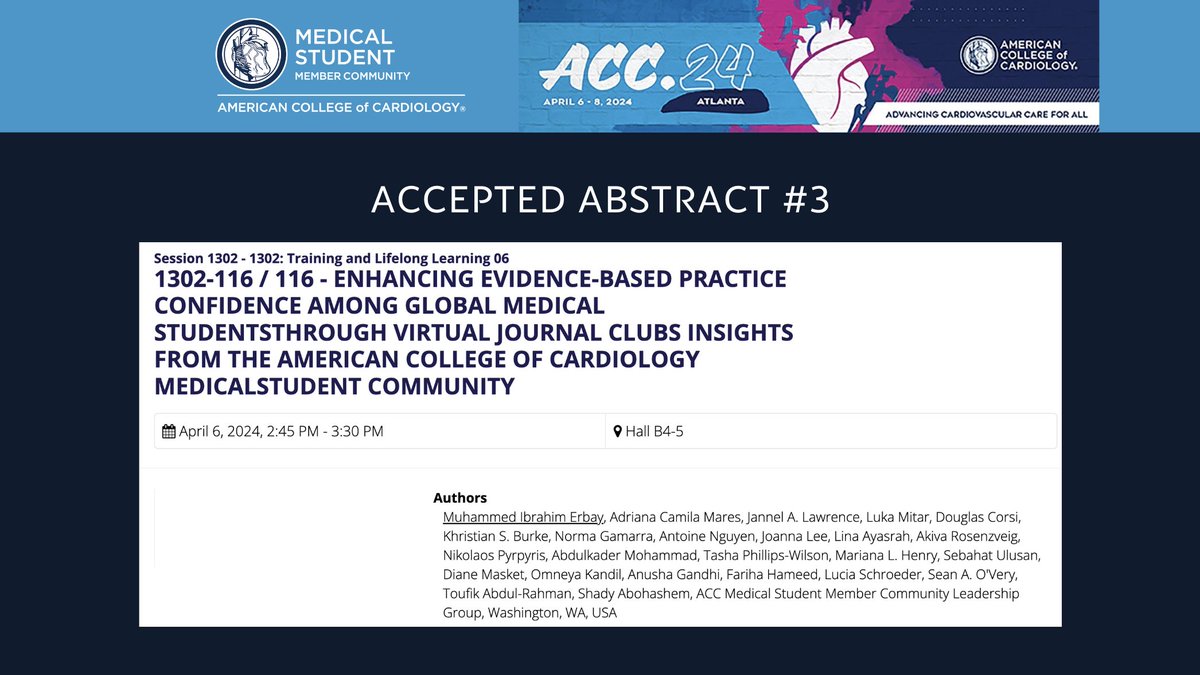 Excited to share that our American College of Cardiology @ACCinTouch Med Student Leadership will present its work on 3 initiatives: 🔵Cardiovascular Research Initiative 🔵Journal Club 🔵Cardiology Grand Rounds Thanks to our collaborators-see you at #ACC24! 🧵1/4 #ACCMedStudent