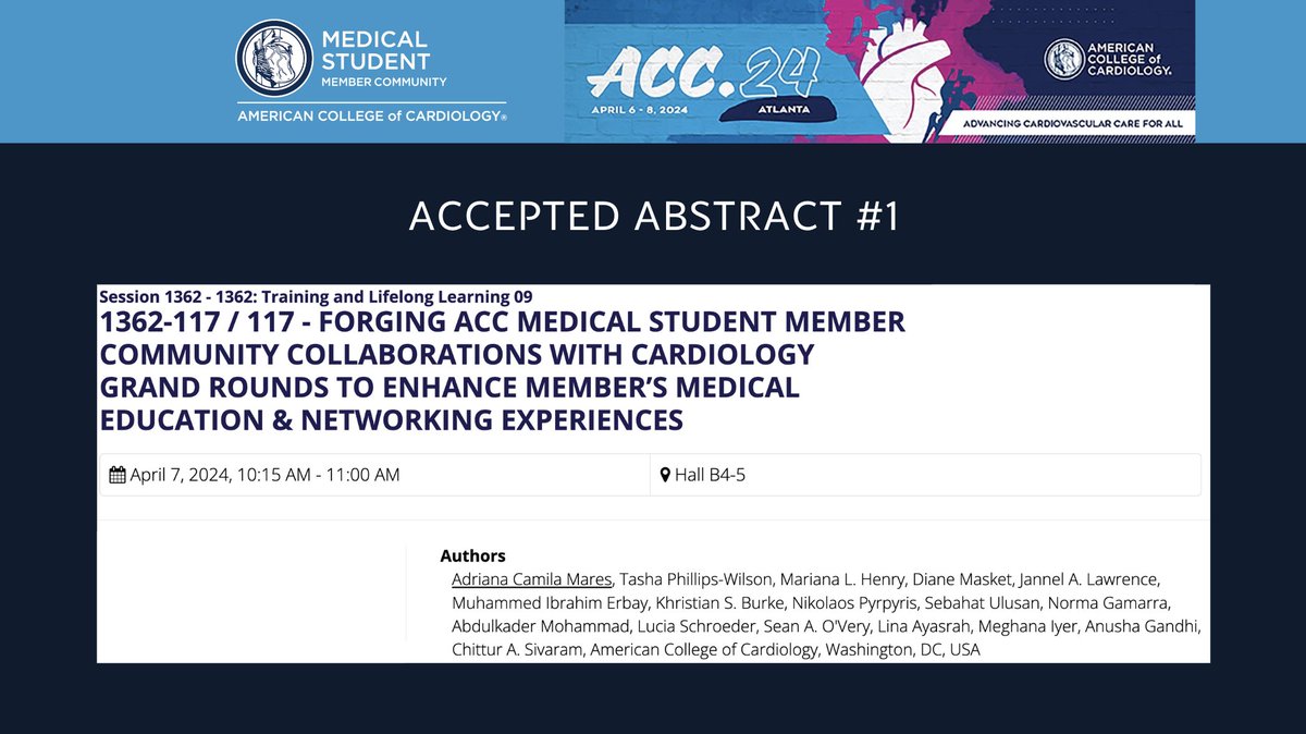AdrianaCMares's tweet photo. Excited to share that our American College of Cardiology @ACCinTouch Med Student Leadership will present its work on 3 initiatives:

🔵Cardiovascular Research Initiative
🔵Journal Club
🔵Cardiology Grand Rounds

Thanks to our collaborators-see you at #ACC24!

🧵1/4 #ACCMedStudent https://t.co/XtNntmYk8t