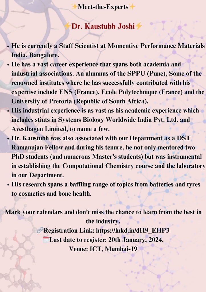 YashRajput2808's tweet photo. 🌟Here is the good news for you 🌟   
✨Meet-the-Expert✨
Proud to introduce our experts for the upcoming hands-on Computational Chemistry workshop on the 24th and 25th of January 2024.
Registration link :https://t.co/Q31gF9XR3r

#workshop 
#conference 
#chemistry https://t.co/Ubs5rL4Hw1