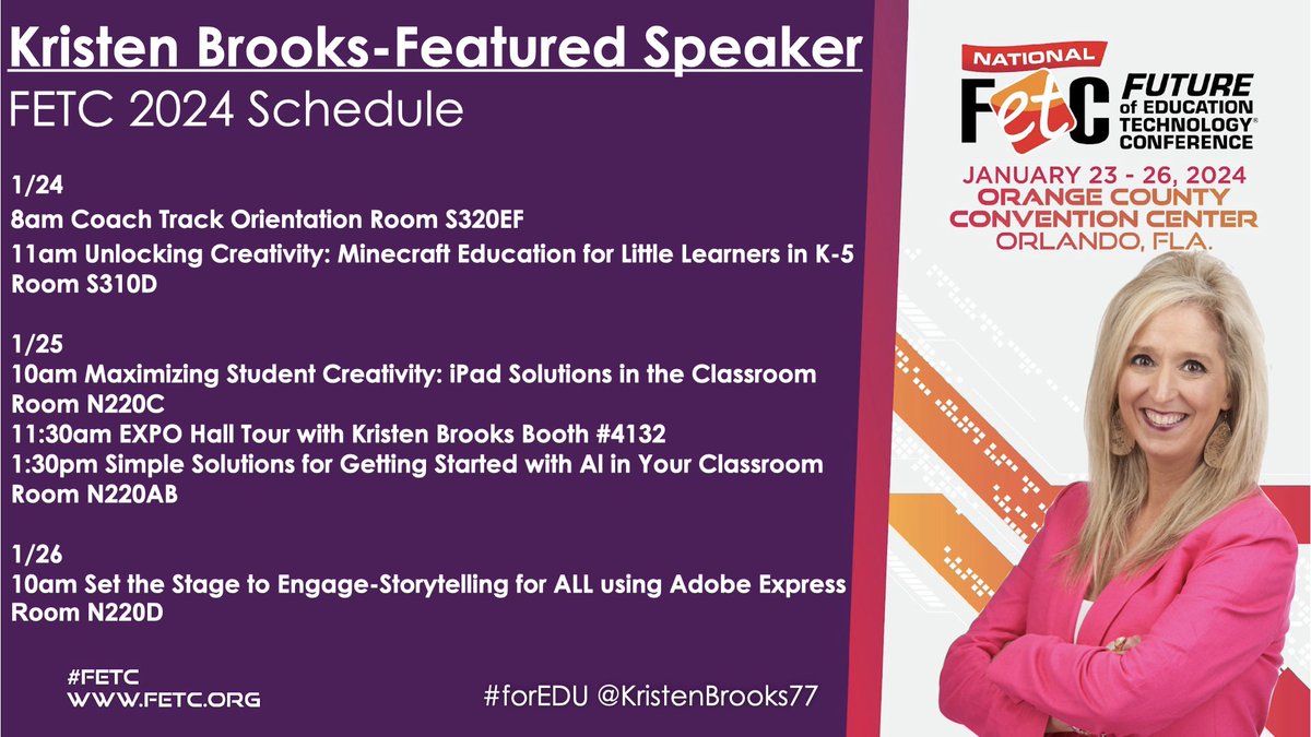 KristenBrooks77's tweet photo. 💜I can’t wait to be at the #FETC conference! I hope to see you there! Join me to learn more about #AI, #MinecraftEDU #STEAM #iPad #Storytelling #Creativity #CreativeAI my favorite #ExpoHall booths & more! #education #edtech @fetc @ISTEofficial #forEDU #ISTE20toWatch https://t.co/Yf1E9G91Ug