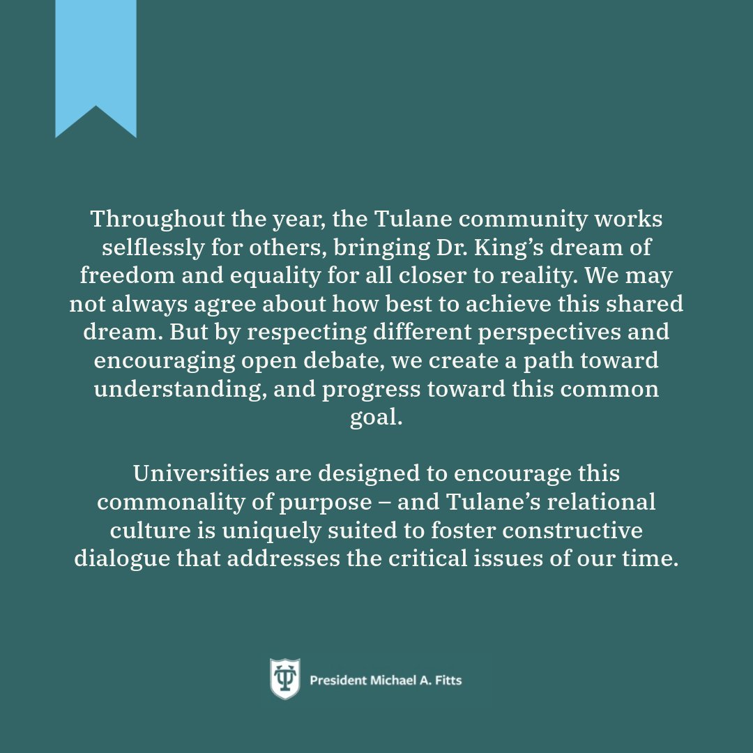 The start of spring classes always arrives in close company with the holiday honoring Dr. Martin Luther King Jr. Each year I find inspiration for the semester ahead as I reflect on Dr. King’s life and legacy. Read my full #MLKDay message: tulane.it/3RZFSxR