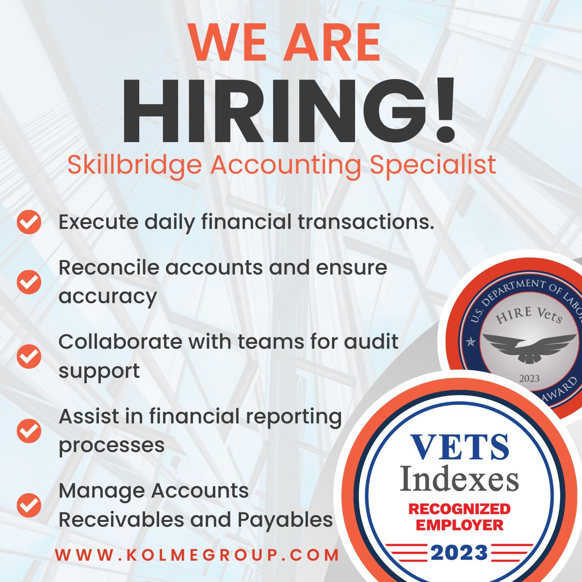 KolmeGroup's tweet image. 🔎Explore a rewarding opportunity with Kolme Group as an Accounting Specialist! Elevate your career with us—apply now!

Contact: pulse.ly/5mv3sipneh

#kolmegroup #dodskillbridge #militarytransition #transitioningmilitary #careerchange #skillbridge #transitioningservicemembers
