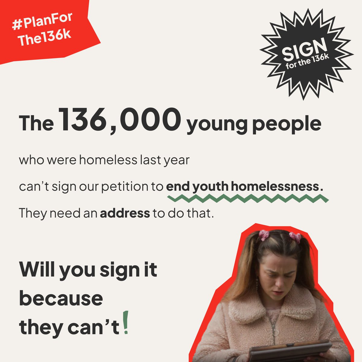 LlamauUK's tweet photo. One homeless young person in the UK is terrible; 136,000 is unacceptable.

We’re calling on @GOVUK to create a national strategy to end youth homelessness.

Sign our petition today to end youth homelessness for good https://t.co/8tdOOnnYRo  

#SignForThe136k #PlanForThe136k https://t.co/y9pd786e3e